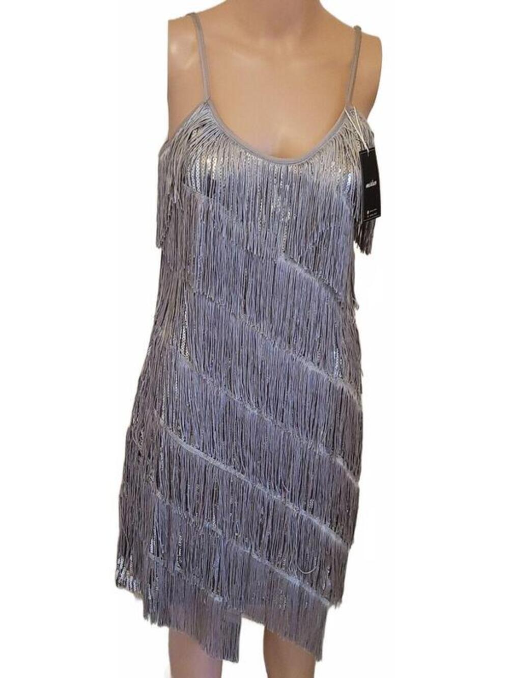 miduo Women's Silver Sequin Fringe Tassel Mini Sexy Fashion Dress Size L